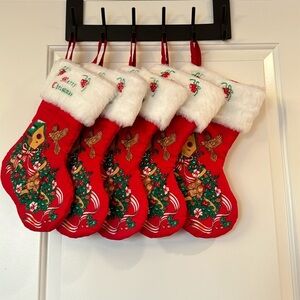 Vintage Christmas stockings Merry Christmas written, birdhouse, birds and ribbon